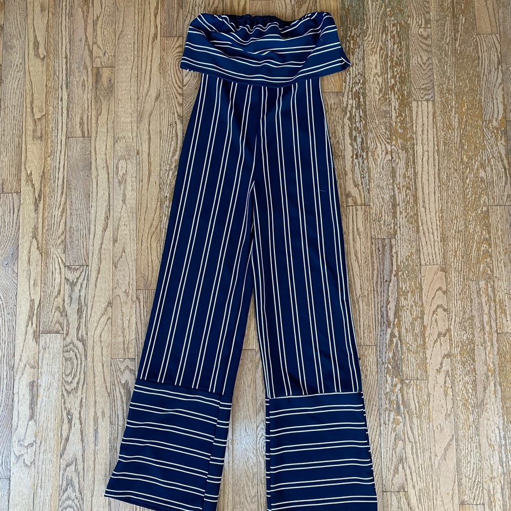 Blue and White Striped Strapless Jumpsuit
